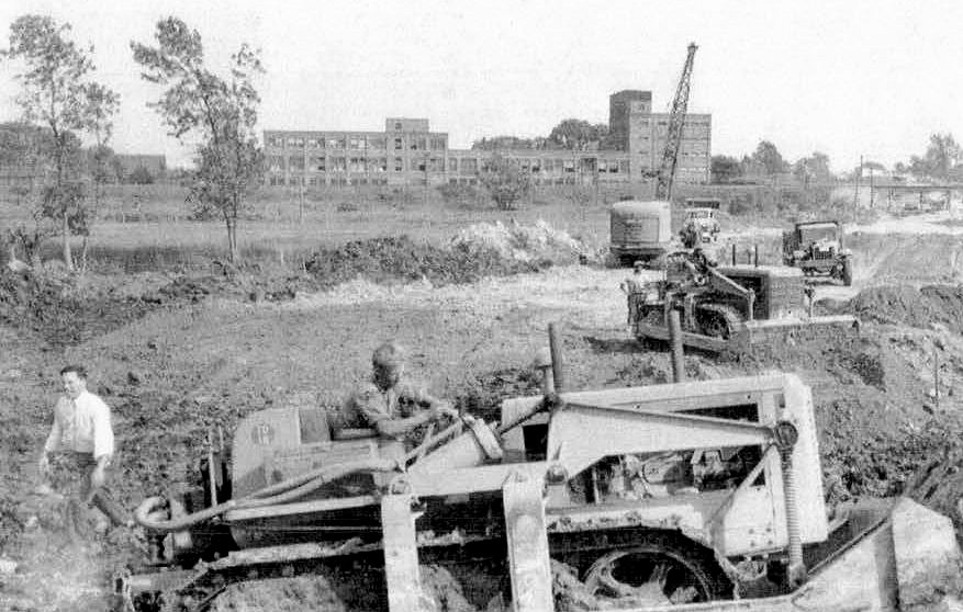 Morley Button Factory, Portsmouth New Hampshire Route 1 Bypass construction, rear of Morley Factory Paper Buildings, looking east (1939)