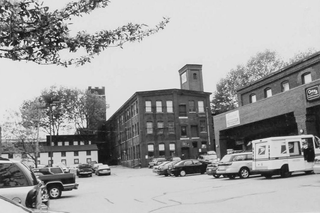 Morley Button Factory, Portsmouth New Hampshire North end of factory in center, power plant at right, garage/shop front left (2003)