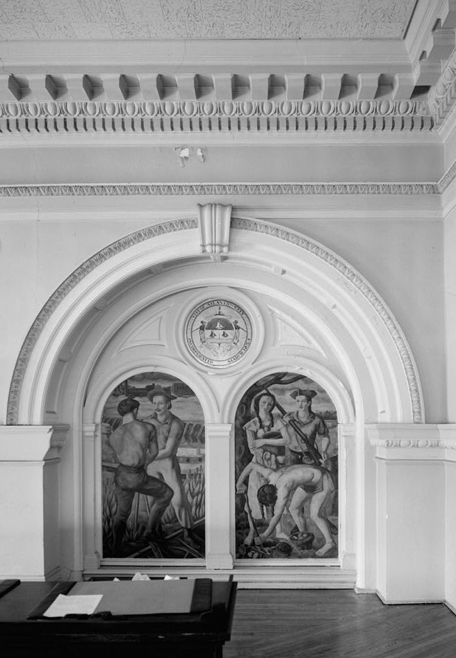 City Hall, Atlantic City New Jersey SECOND FLOOR, CITY COMMISSION CHAMBERS, DETAIL OF ARCH WITH MURAL ON RIGHT OF BENCH, SHOWING PIONEERS AND ATLANTIC CITY SEAL