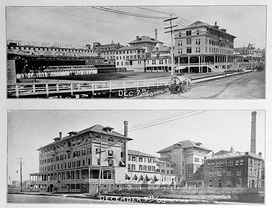Chalfonte Hotel, Atlantic City New Jersey DECEMBER 1903 AND JUNE 1904 PHOTOGRAPH SHOWING OLD AND NEW STRUCTURES. ADDISON HUTTON COLLECTION