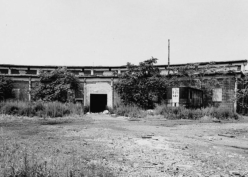 Central Railroad Engine Terminal Complex, Jersey City New Jersey View toward the northwest at the inside elevation of the western segment of the north roundhouse. The photographer is standing at the turntable.