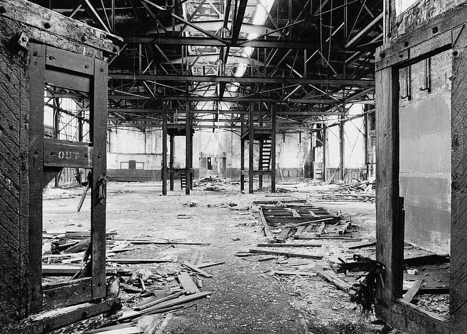 Central Railroad Engine Terminal Complex, Jersey City New Jersey Interior view of the machine shop taken through the door at the east end of stall 2, south roundhouse.