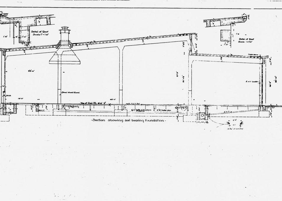 Central Railroad Engine Terminal Complex, Jersey City New Jersey Portion of Construction Drawing 2042-F-17, entitled 100 ft. Roundhouse, Plan and Section of Typical Bay. Shown is a section showing soil bearing foundation and plan. (Original drawing, in the possession of Wyre Dick and Company, Livingston, New Jersey.)