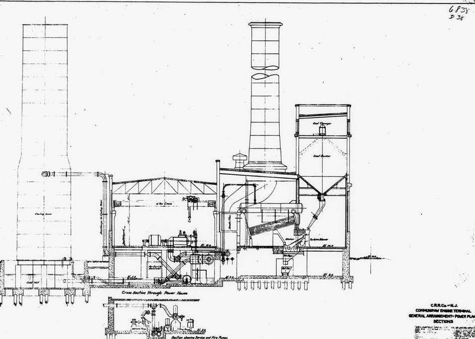 Central Railroad Engine Terminal Complex, Jersey City New Jersey Cross Section through the Power House, from Construction Drawing 2042-F-23, entitled General Arrangement of Power Plant, Sections. (Original drawing, in the possession of Wyre Dick and Company, Livingston, New Jersey.)