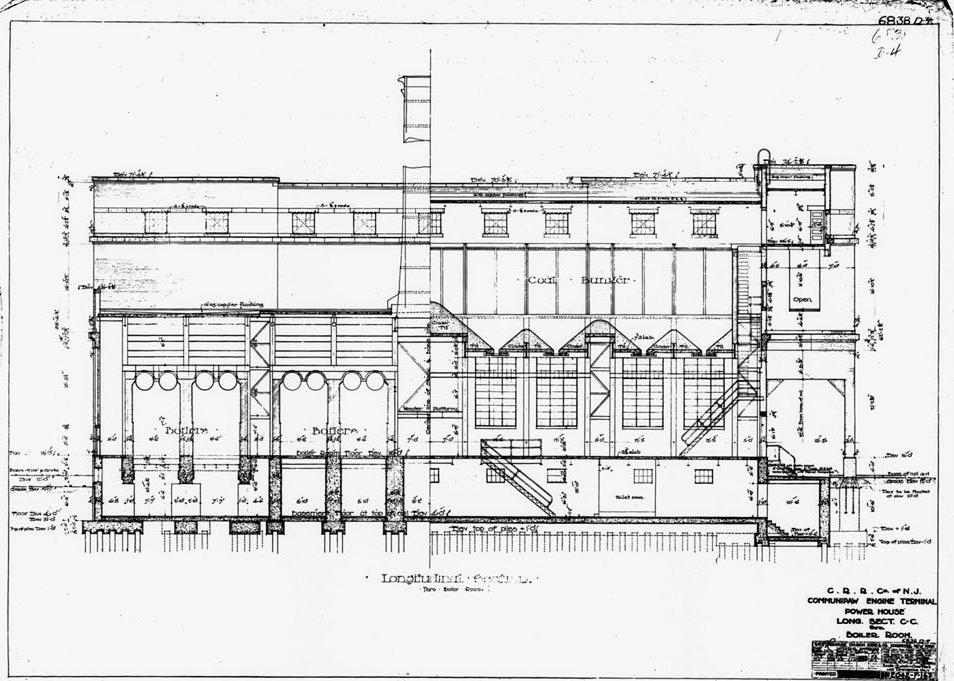 Central Railroad Engine Terminal Complex, Jersey City New Jersey Construction Drawing 2042-F-163, entitled Power House- Longitudinal Section C-C through Boiler Room. (Original drawing, in the possession of Wyre Dick and Company, Livingston, New Jersey.)