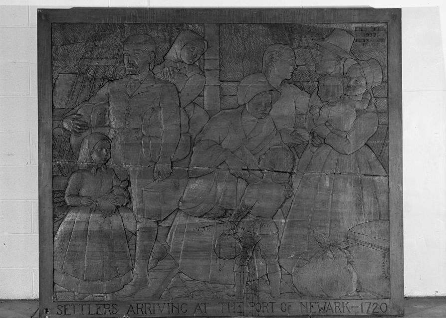 Marcus Garvey School, Newark New Jersey 2003 WPA WOODEN PANEL, PART OF THE TRIPTYCH BY ENID BELL, "SETTLERS ARRIVING AT THE PORT OF NEWARK 1720"