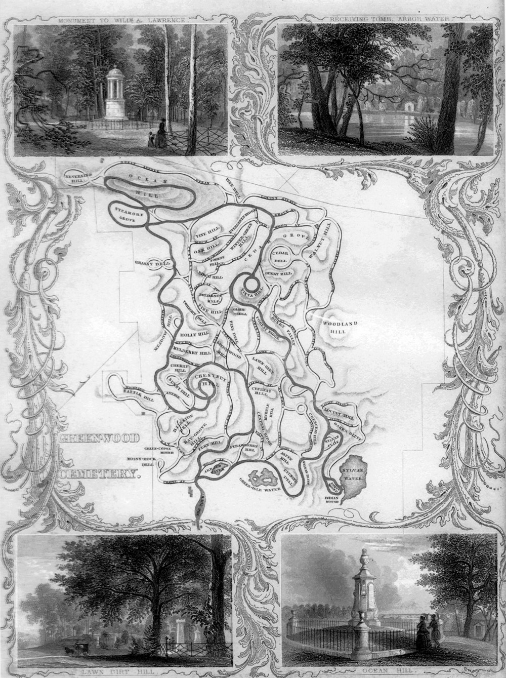Green-Wood Cemetery-Greenwood, Brooklyn New York The Tour, an illustrative drawing showing the recommended route for visitors that passed main attractions in the cemetery from James Smillie, Green-Wood Illustrated in Highly Finished Line Engraving, From Drawings Taken on the Spot, with Descriptive Notices by Nehemiah Cleaveland. New York, NY: R. Martin, (1847)