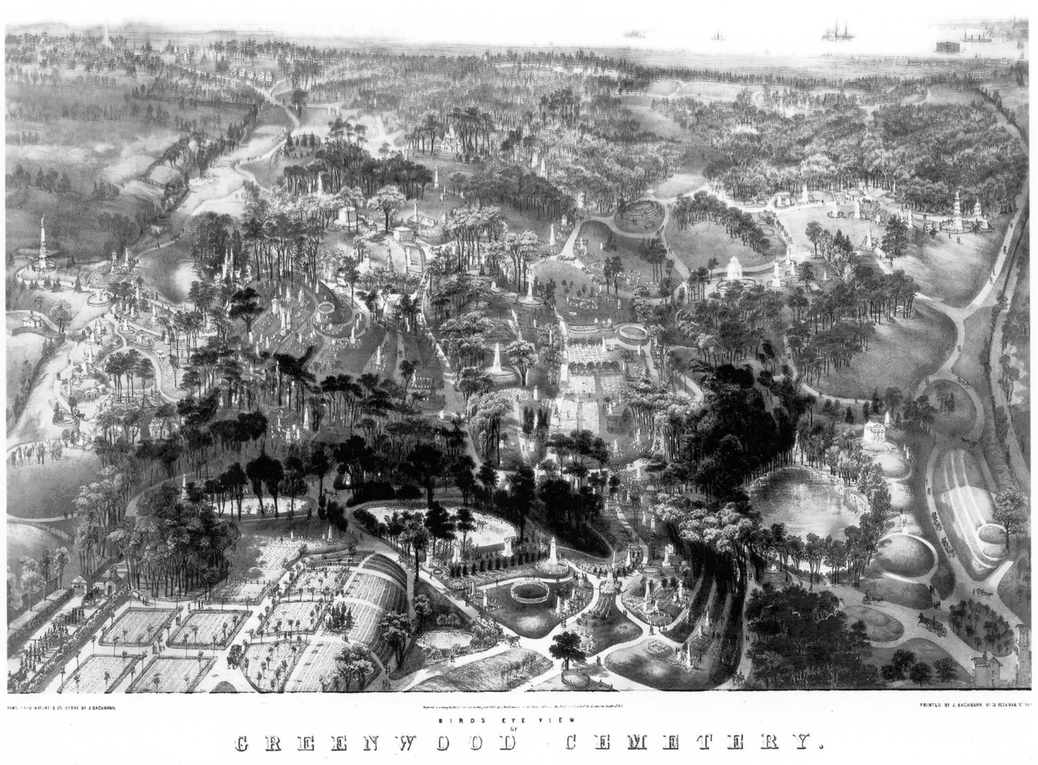 Green-Wood Cemetery-Greenwood, Brooklyn New York Birds Eye View of Greenwood Cemetery. Near New York by John Bachmann, (1852)