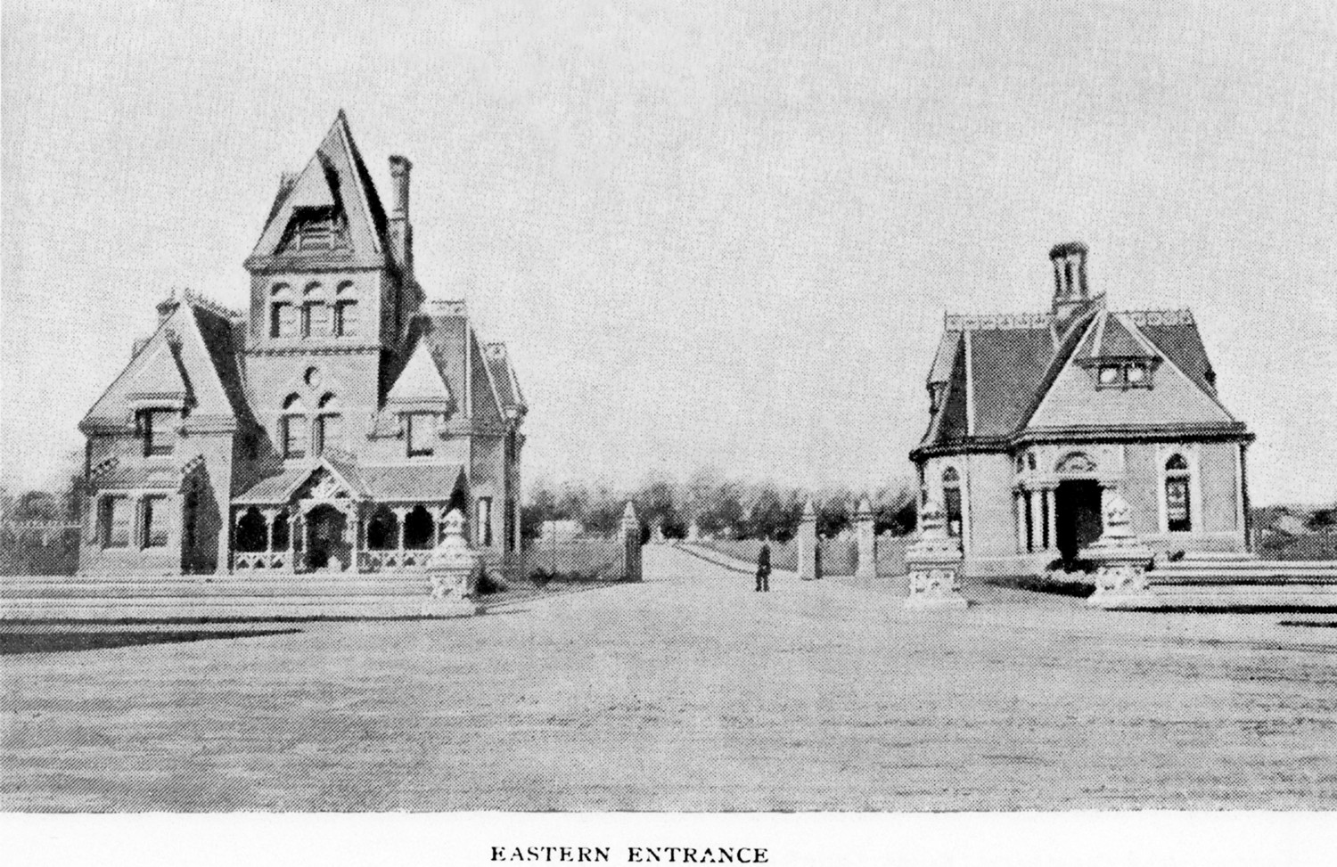 Green-Wood Cemetery-Greenwood, Brooklyn New York The East Entrance Residence (left) and Visitor's Lounge (right), from Green-Wood Illustrated, (1891)