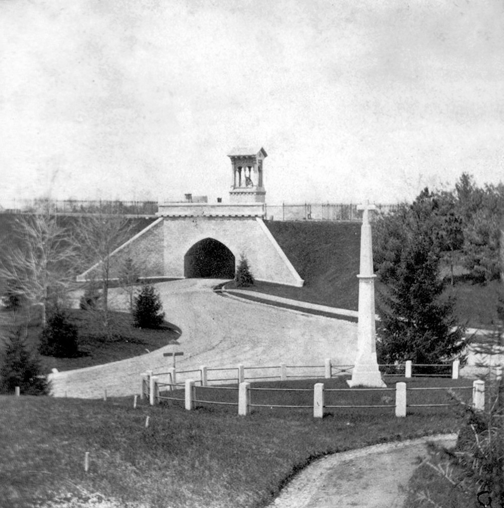 Green-Wood Cemetery-Greenwood, Brooklyn New York Historic view of the 5<sup>th</sup> Avenue Viaduct, designed c.1860 in the Romanesque Revival style, to carry 5<sup>th</sup> Avenue over the cemetery west service entrance, taken shortly after construction (1860)