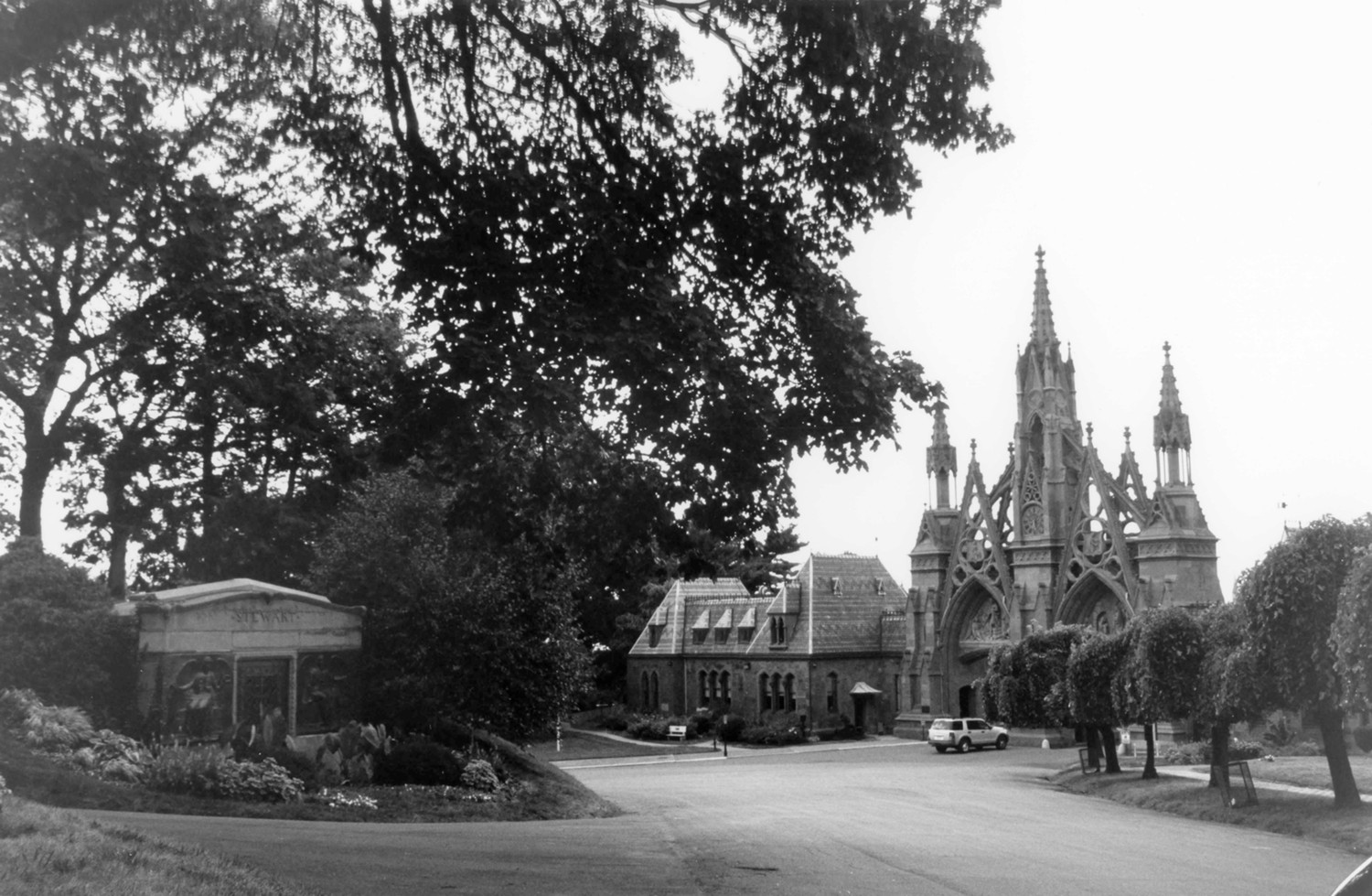 Green-Wood Cemetery-Greenwood, Brooklyn New York View down Battle Avenue showing the visual relationship between the Stewart tomb (left) and the Main Gatehouse (right) (2005)