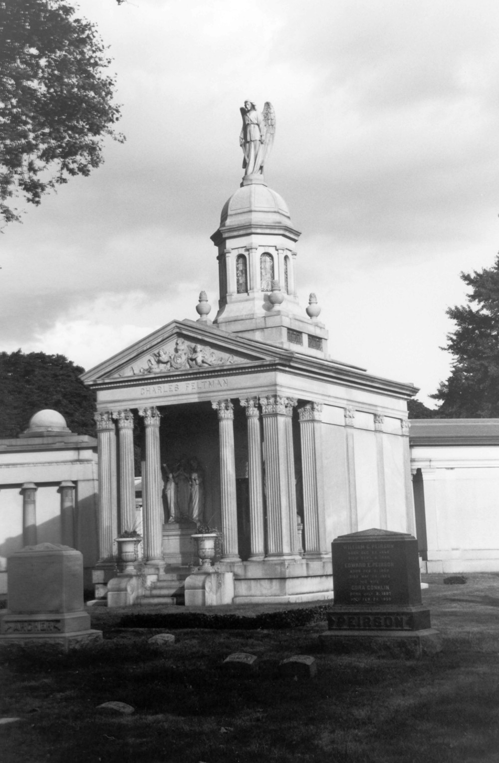 Green-Wood Cemetery-Greenwood, Brooklyn New York Charles Feltman's mausoleum with Renaissance Revival articulation, urns, and sculpture located near Border Avenue and the east Fort Hamilton Parkway entrance (2005)