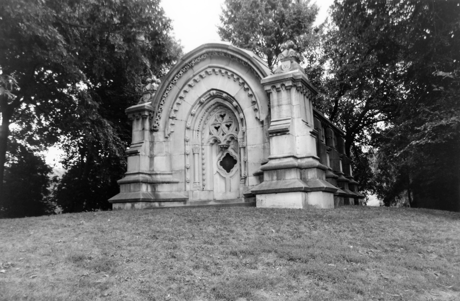 Green-Wood Cemetery-Greenwood, Brooklyn New York View uphill from toward the massive Classic Revival mausoleum for the Miller family with Moorish arches on Ridge Path above Sylvan Water (2005)