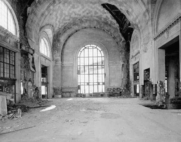 Delaware, Lackawanna, and Western RR. Lackawanna Terminal (Buffalo Boat Depot), Buffalo New York Interior of larger DL&W passenger building showing main concourse on upper level, with stairway from street level at right of photo and passage to trains at left. Skyway can be seen through large window facing Buffalo River. Matching window is directly opposite. 