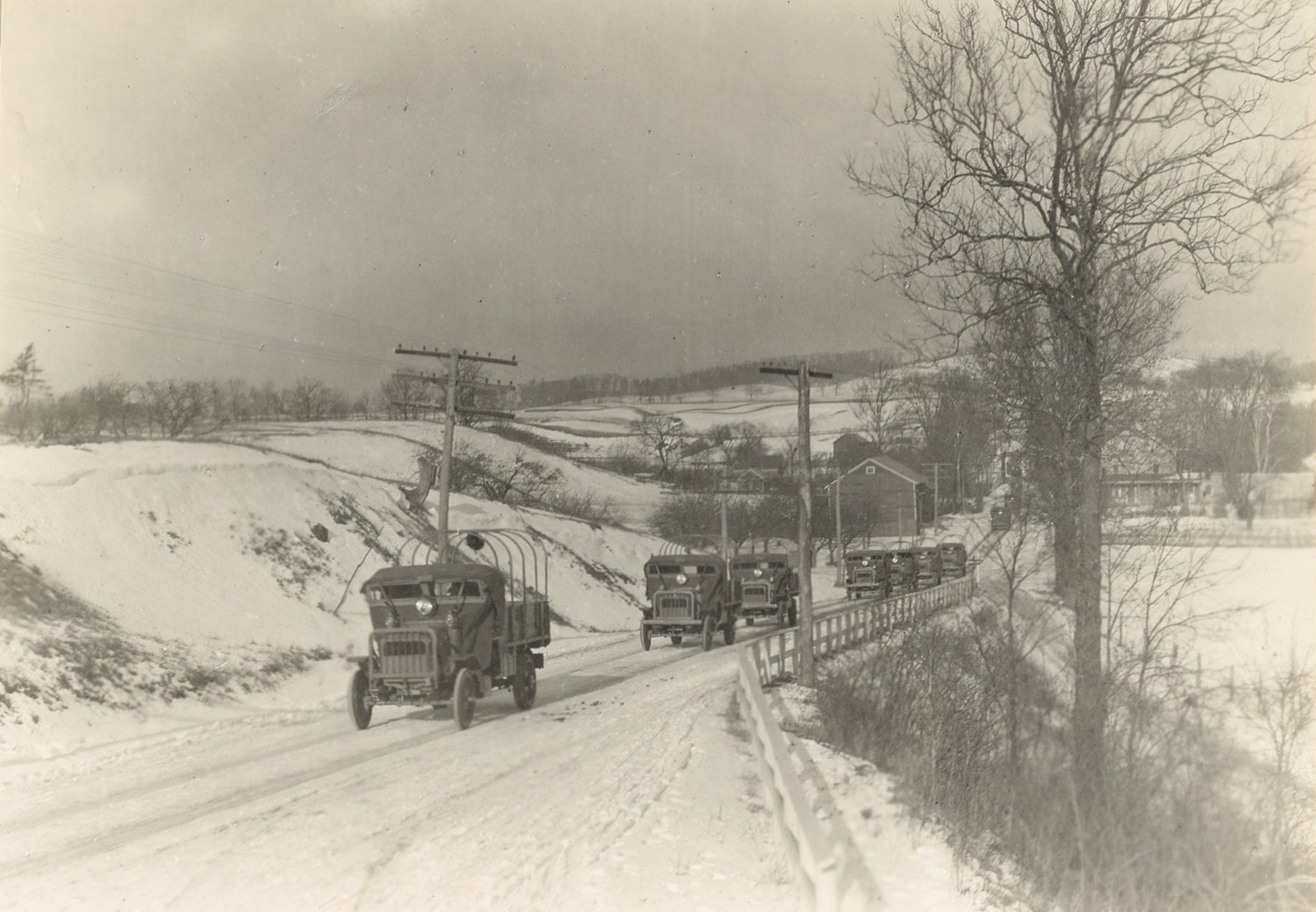 Pierce Arrow Factory Complex, Buffalo New York Train of Pierce Arrow trucks on road from Buffalo to New York City (1918)