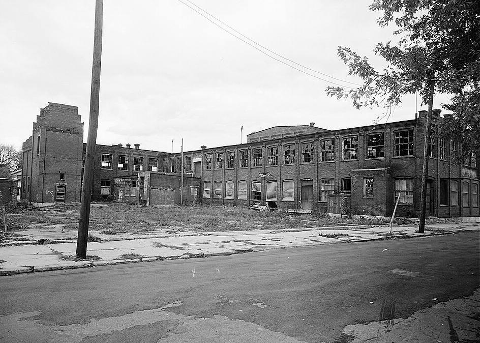 Merrill Silk Mill, Hornell New York 1979 View from southwest, Pleasant and Grand Streets showing elevation of Building #1.
