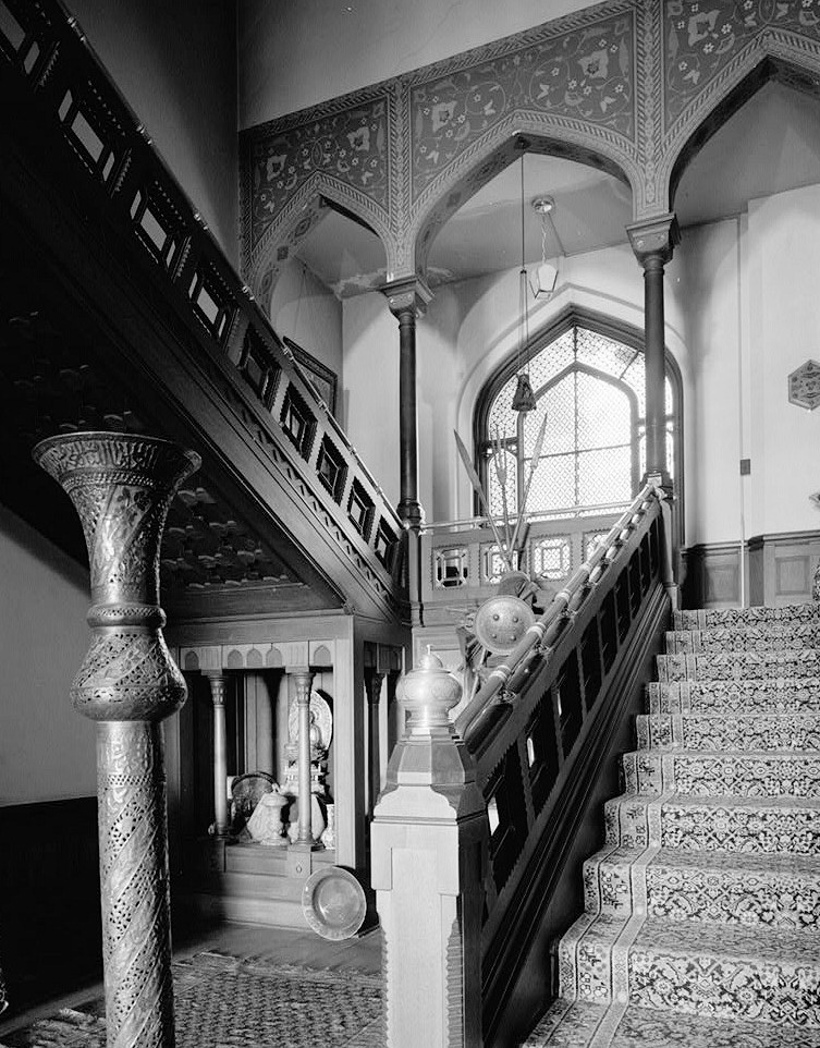 Olana - Frederic Edwin Church House, Hudson New York DETAIL, MAIN STAIRCASE FROM COURT HALL TO SECOND FLOOR, LOOKING NORTH 1969