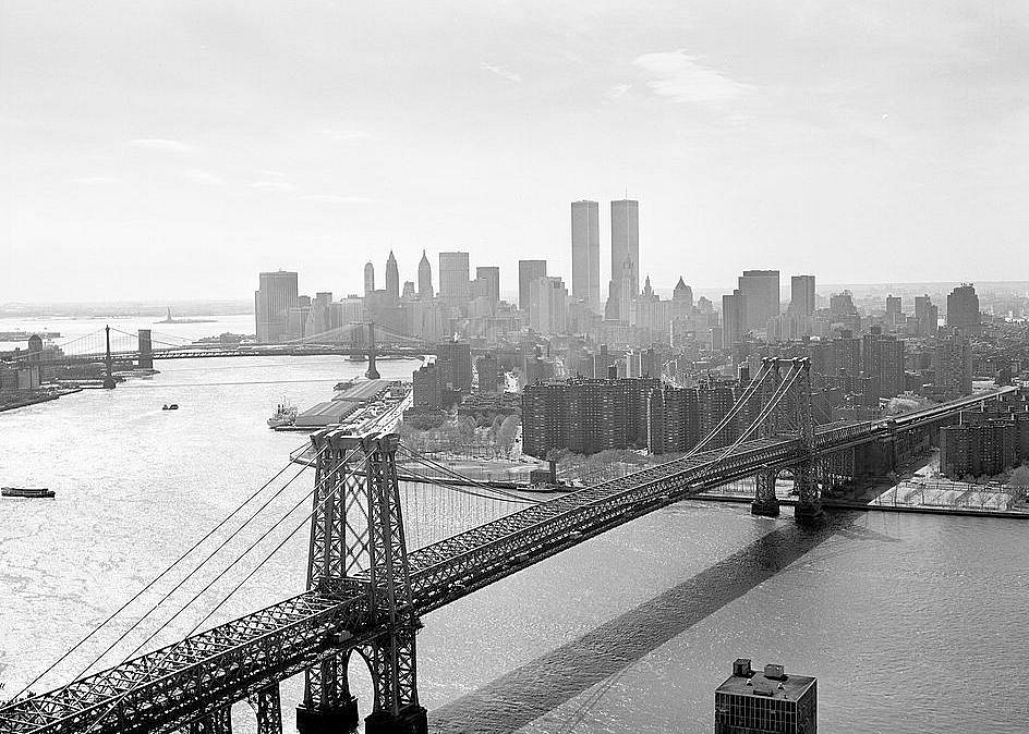 Williamsburg Bridge, New York New York View with Bridge in Foreground and World Trade Center in Background (1978)