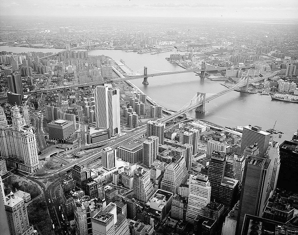 The Brooklyn Bridge, New York New York View Looking E from Top of World Trade Tower (1982)