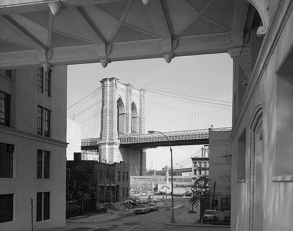 The Brooklyn Bridge, New York New York View Looking NE at Brooklyn Tower Framed by Watchtower Building and Underside of Pedestrain Bridge (1982)