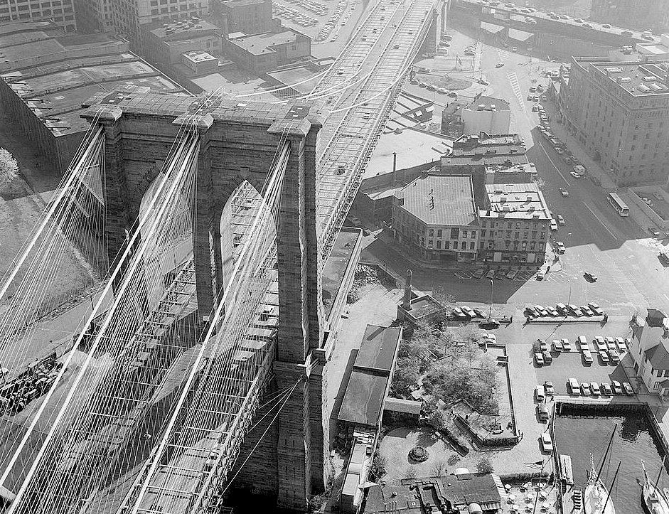 The Brooklyn Bridge, New York New York erial View Looking SE at Brooklyn Tower and the Intersection of Water Street and Camden Plaza (1982)