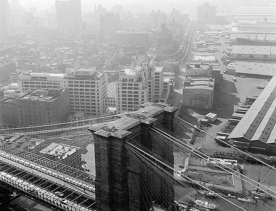 The Brooklyn Bridge, New York New York Aerial View Looking SW at Top of Brooklyn Tower (1982)