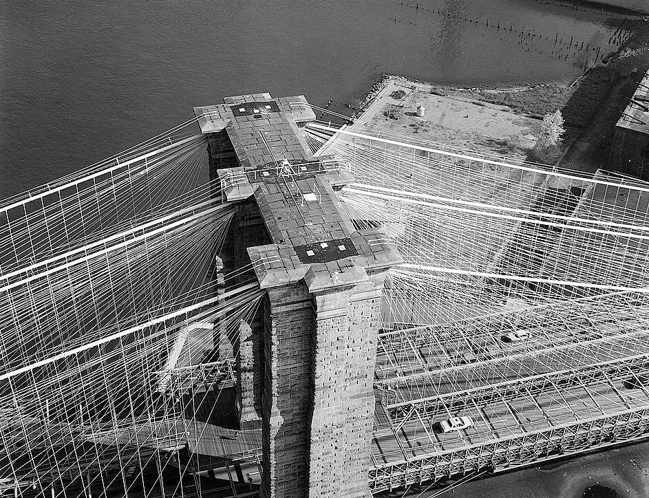 The Brooklyn Bridge, New York New York Aerial View Looking E at Top of Brooklyn Tower (1982)