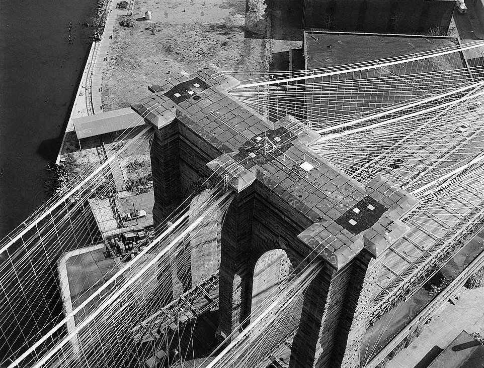 The Brooklyn Bridge, New York New York Aerial View Looking SE at Top of Brooklyn Tower (1982)
