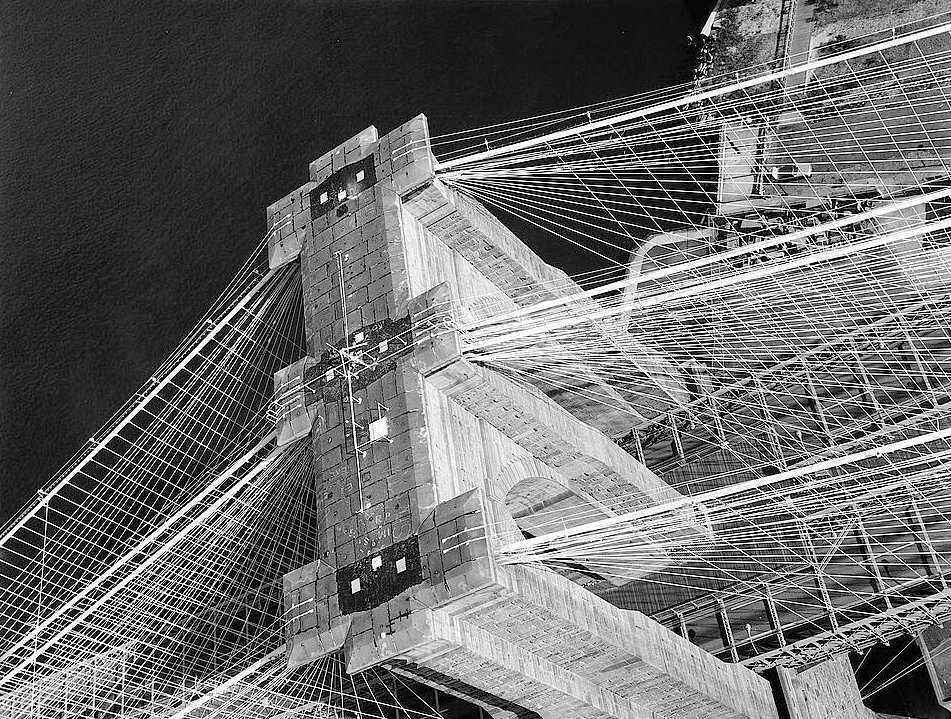 The Brooklyn Bridge, New York New York Aerial View Looking Down at Top of Brooklyn Tower (1982)