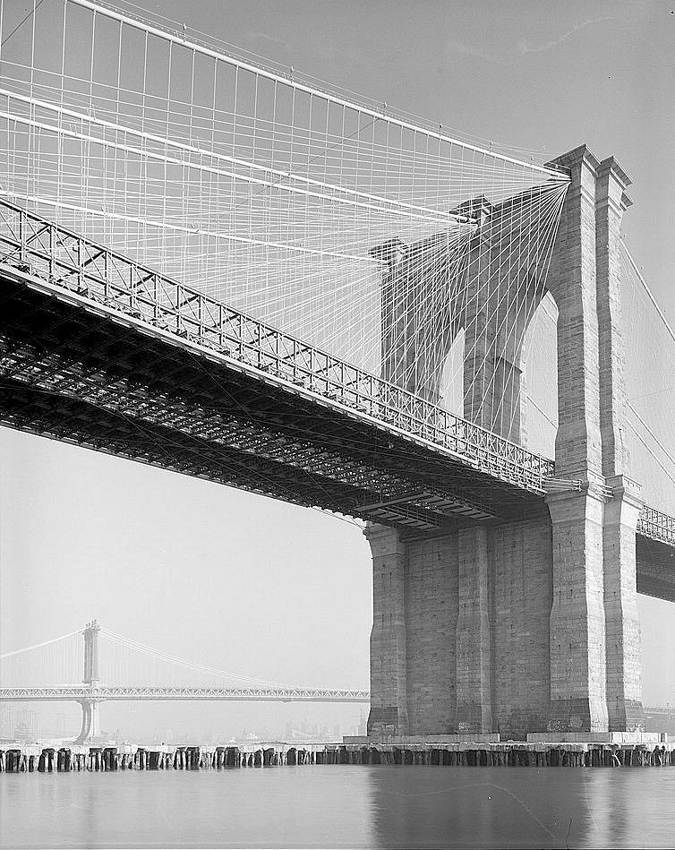 The Brooklyn Bridge, New York New York View Looking E at Manhattan Tower with Manhattan Bridge in Background (1982)