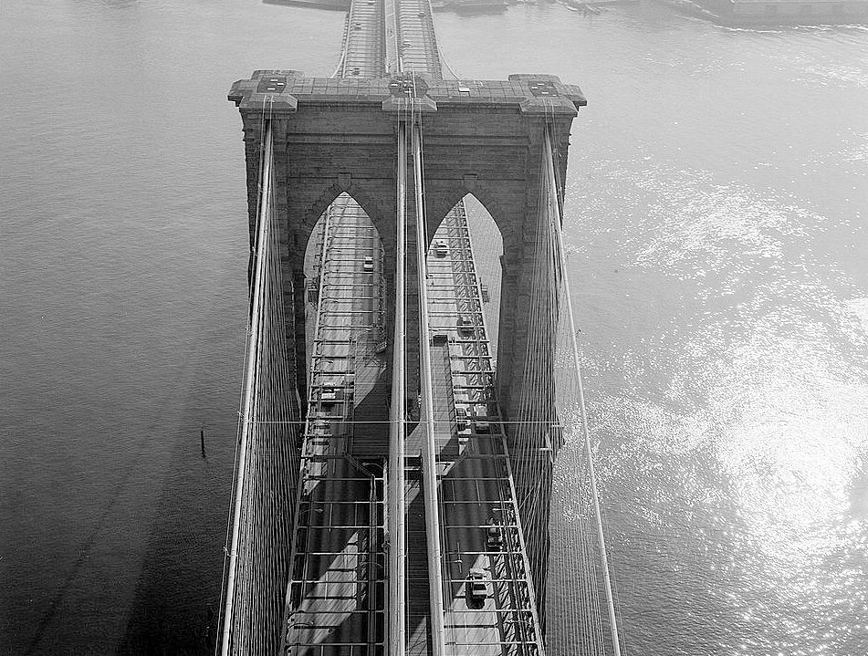 The Brooklyn Bridge, New York New York Aerial View Looking Down at Manhattan Tower (1982)