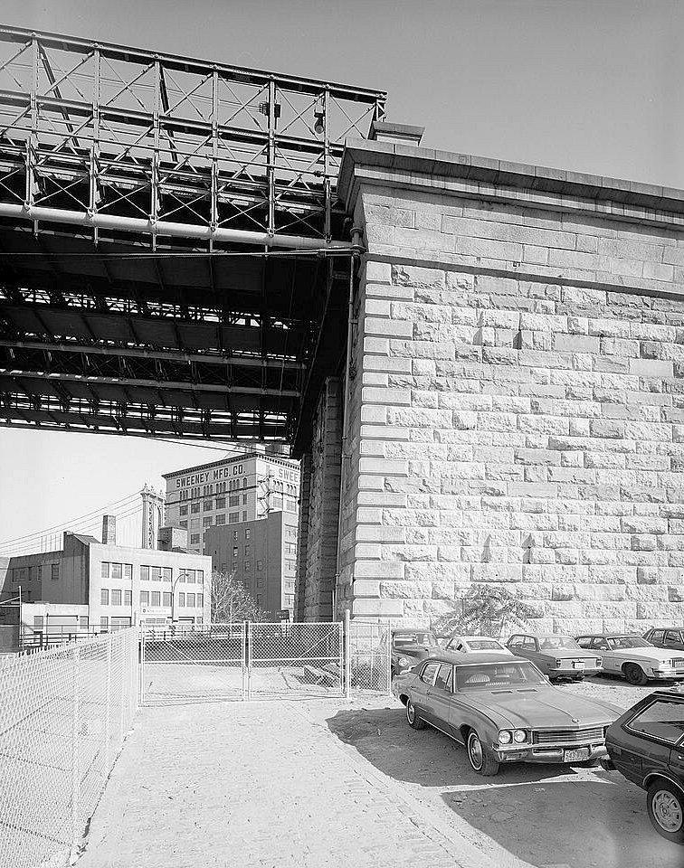 The Brooklyn Bridge, New York New York Detail, Side View Looking at Juncture between Brooklyn Anchorage Abutment and Deck Truss (1982)