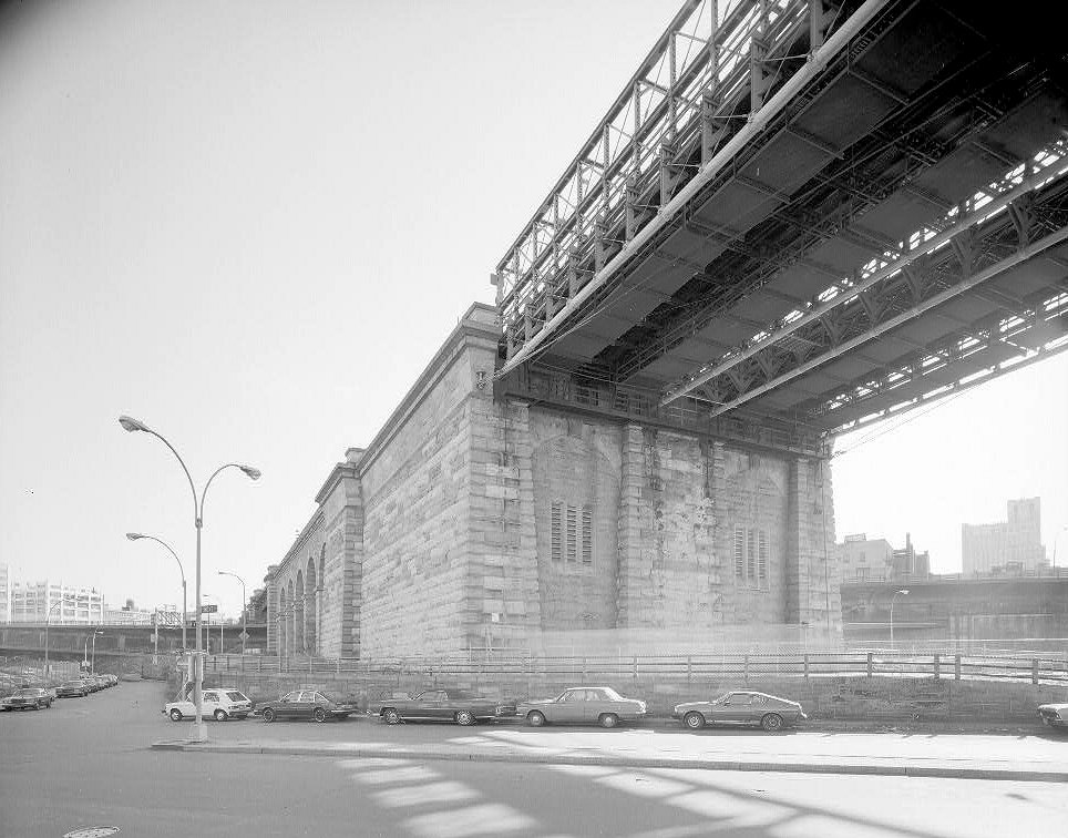 The Brooklyn Bridge, New York New York Ground Level, Angled View Looking SE at Brooklyn Anchorage and Side Span Superstructure (1982)