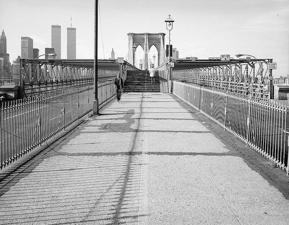 The Brooklyn Bridge, New York New York View Looking towards Manhattan of Steps up to Promenade with Brooklyn Tower in Background. Jet Lowe, Photographer, 1982