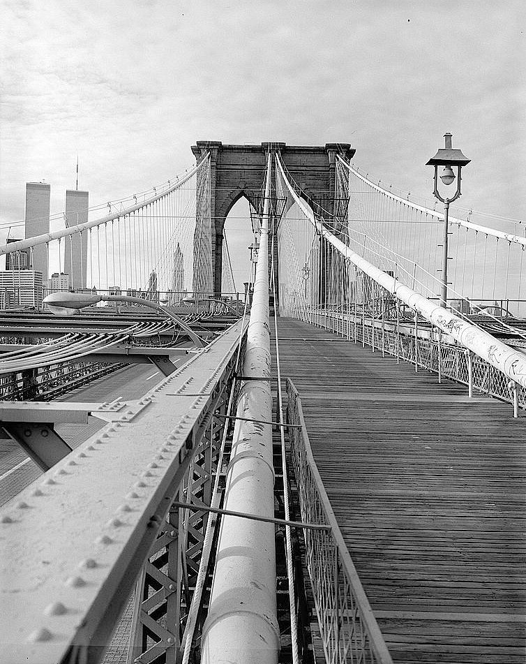 The Brooklyn Bridge, New York New York View from Promenade Looking NW towards Manhattan up One of the Center Main Cables with Brooklyn Tower in Background (1982)