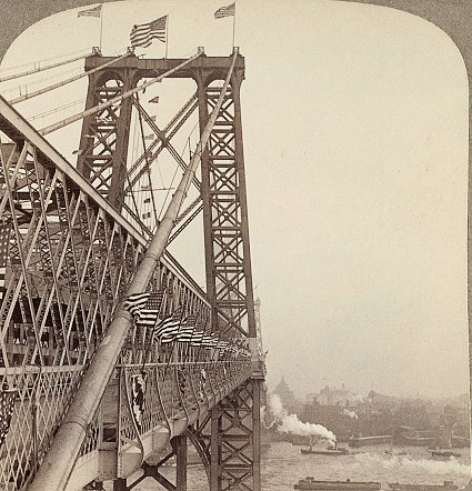 Williamsburg Bridge, New York New York Opening day on new steel tower bridge -- from Manhattan E.to Brooklyn, along 1,600 ft. span (1904)