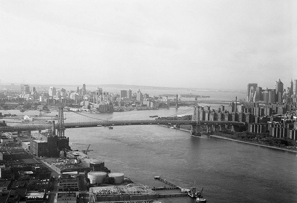 Williamsburg Bridge, New York New York Williamsburg Bridge over the East River Looking South towards Brooklyn on the Left and Manhattan on the Right (1991)