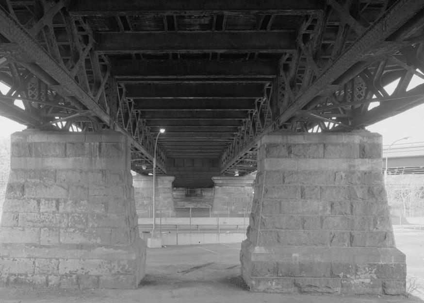 Macombs Dam Bridge, New York City New York 1994 View of underside of deck truss spans 38 and 39, looking east