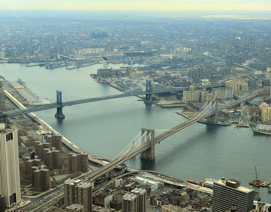 The Brooklyn Bridge, New York New York Looking East from Top of World Trade Tower (1982)