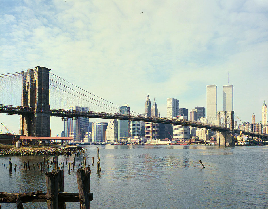 The Brooklyn Bridge, New York New York Looking West from Brooklyn Shore with Pier Pilings in Left Foreground (1982)