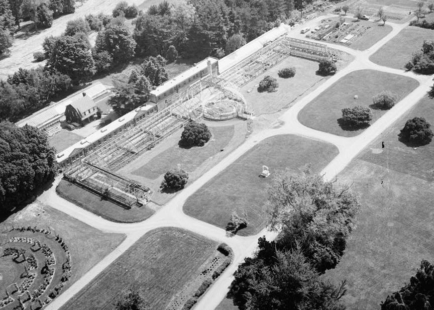 Lyndhurst Mansion, Tarrytown New York AERIAL VIEW OF GREENHOUSES AND GARDENS, LOOKING NORTHEAST