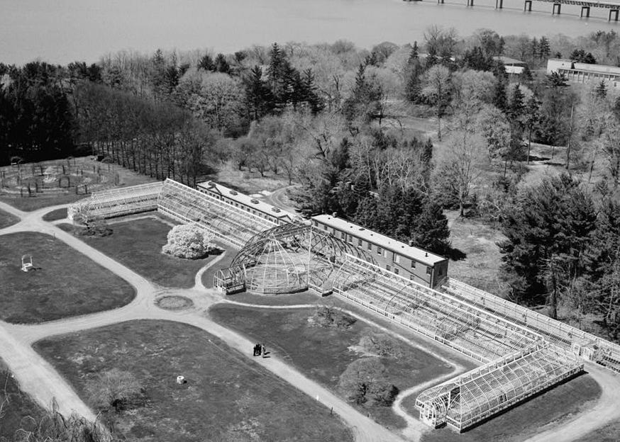 Lyndhurst Mansion, Tarrytown New York AERIAL VIEW FROM THE SOUTHEAST, CLOSEUP OF GREENHOUSE