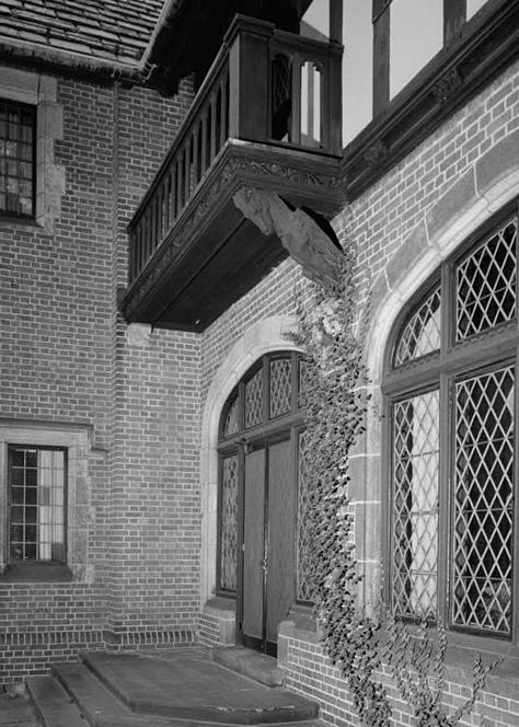 Stan Hywet Hall, Akron Ohio 1982 DETAIL SHOWING ENTRANCE AND WINDOW OF ENCLOSED PORCH, WEST SIDE, FROM SOUTHWEST