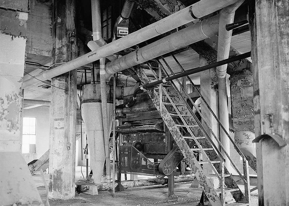 Quaker Oats Cereal Factory, Akron Ohio Interior view of remaining duct system and grain separating equipment is situated within the 'Landmark' (1940) in the section above the silo portion of the structure (1979)