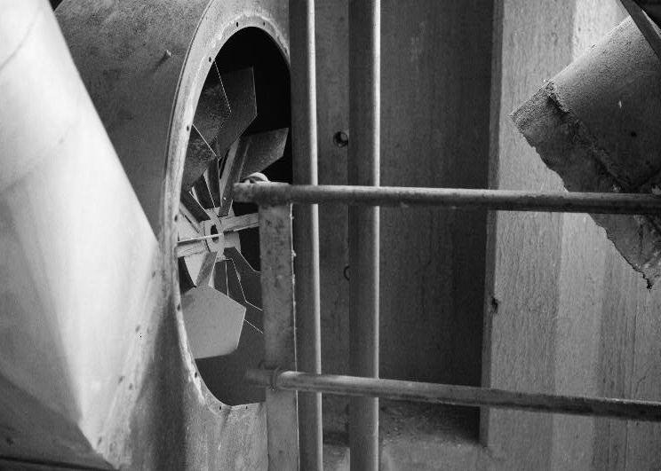 Quaker Oats Cereal Factory, Akron Ohio Interior view of a mechanical blower fan mechanism utilized to lift the raw grain to the upper levels of the 'Landmark' Elevator (1940) through a system of connecting ducts (1979)