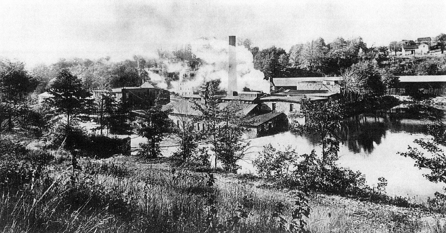 Adams Bag Company Paper Mill and Sack Factory, Chagrin Falls Ohio View of complex from south side of Chagrin River looking north from Mill Pond at top of Dam (1900)