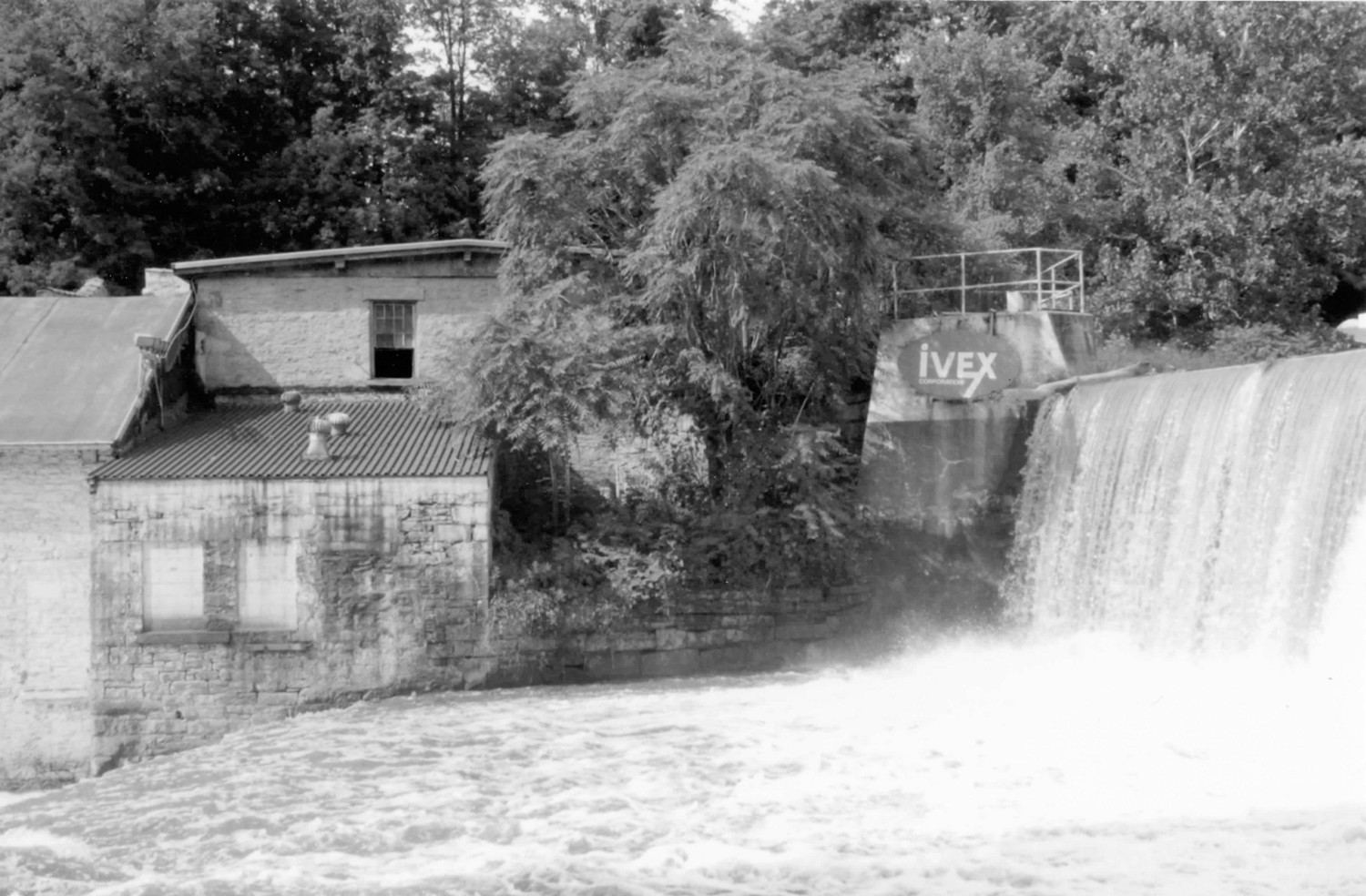 Adams Bag Company Paper Mill and Sack Factory, Chagrin Falls Ohio Engine Room and Dam, looking north (2012)