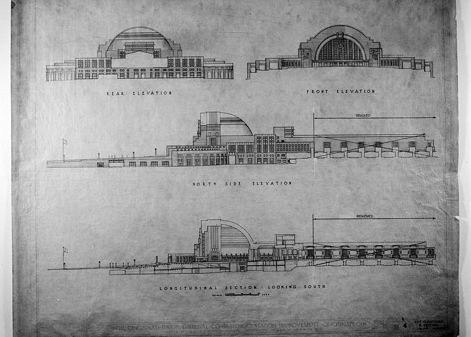 Cincinnati Union Terminal, Cincinnati Ohio original architects drawings KEY ELEVATIONS AND SECTION, JUNE 1, 1931
