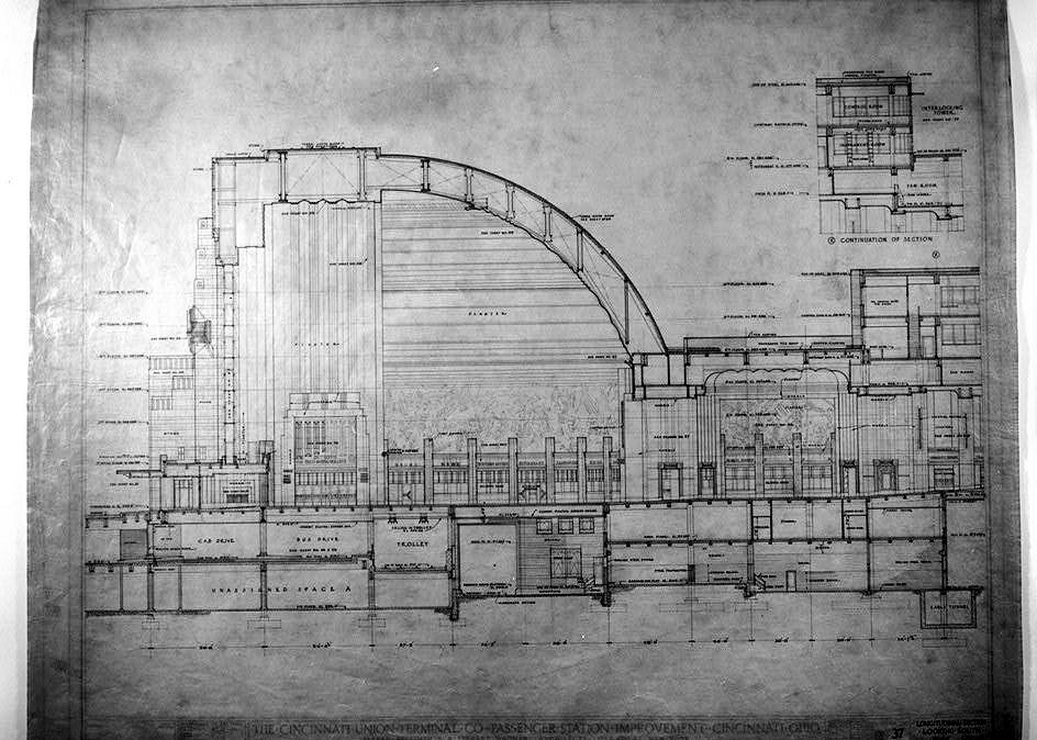 Cincinnati Union Terminal, Cincinnati Ohio original architects drawings LONGITUDINAL SECTION LOOKING SOUTH, JUNE 1, 1931