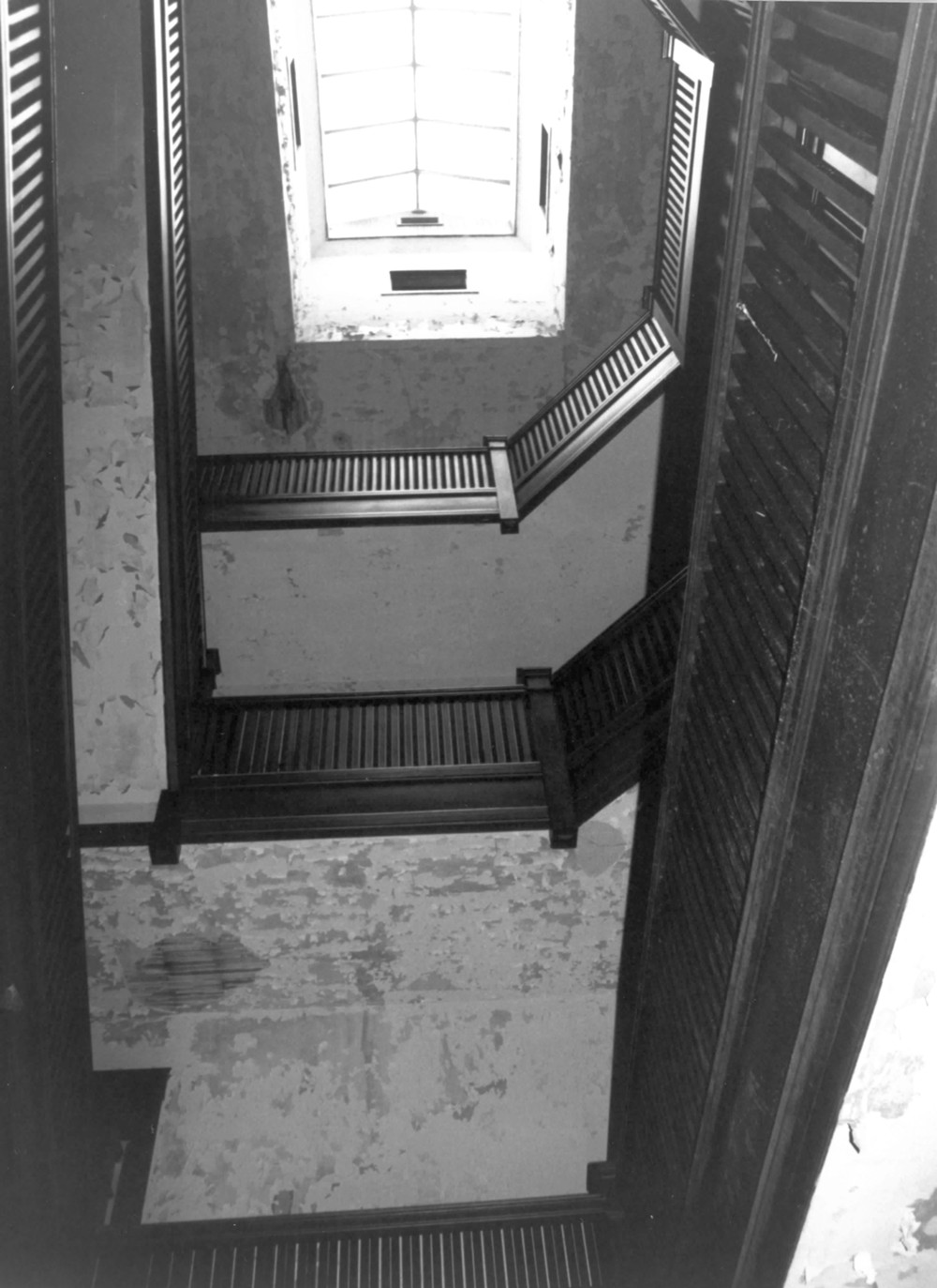 The Alexandra Apartments Building, Cincinnati Ohio Looking up from first floor at main staircase at upper floor balustrades (1996)